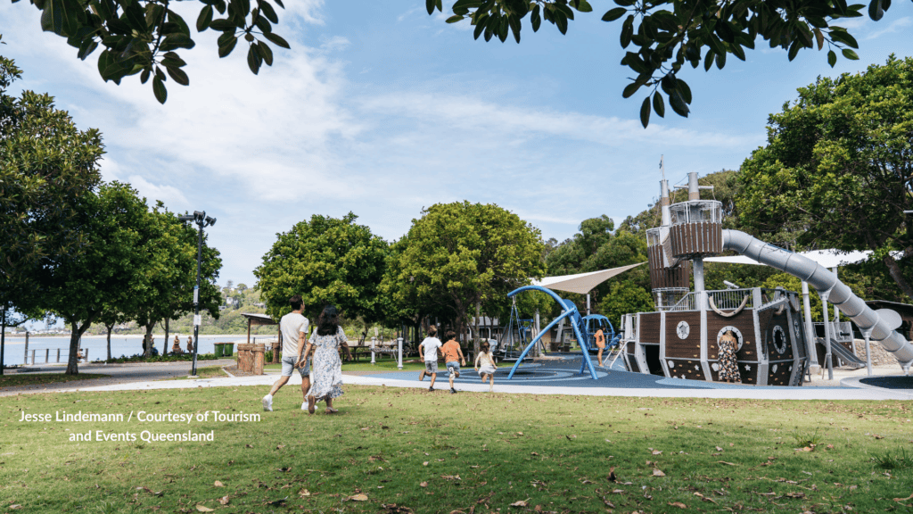Family at the pirate ship playground in Palm Beach Parklands Gold Coast Queensland