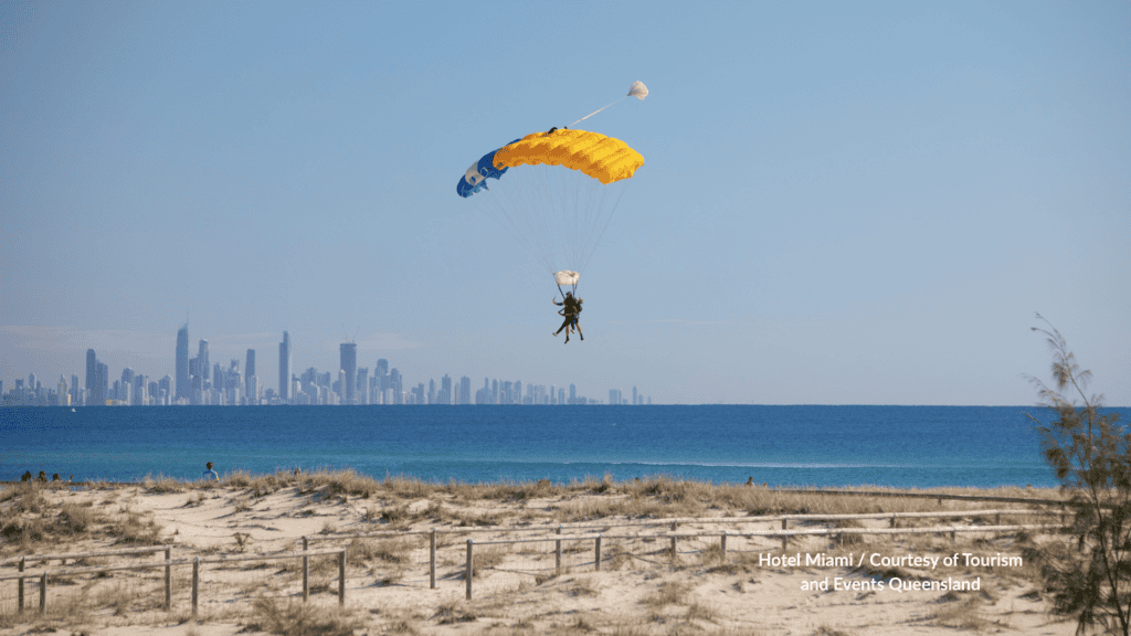 Parasail over Kirra Beach Gold Coast Queensland with the Surfers Paradise skyline in the distance