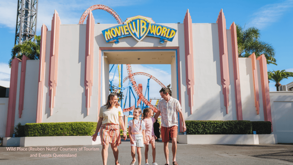 Family at the entrance to Warner Bros Movie World Gold Coast Queensland