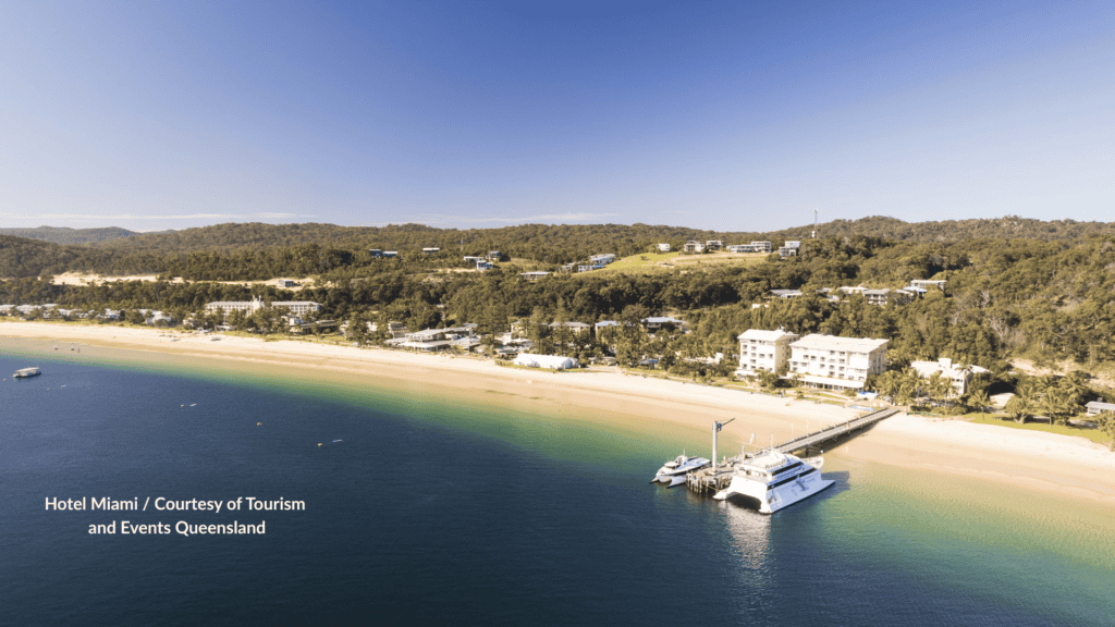Aerial view of Tangalooma Beach and the ferry jetty at Tangalooma Island Resort on Moreton Island Queensland