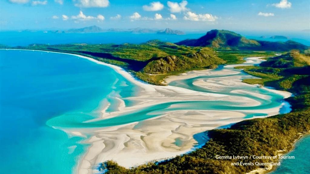 Aerial view of the swirling silica sands at Hill Inlet and Whitehaven Beach on Whitsunday Island in the Whitsundays Queensland