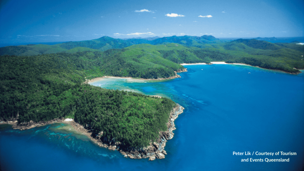 Aerial view of Hook Island in the Whitsundays Queensland showing forested headlands, sandy bays and clear turquoise water