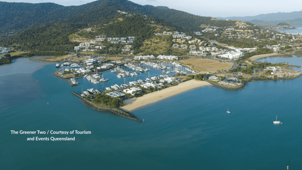 Aerial view of Boathaven Beach and the marina at Airlie Beach Queensland