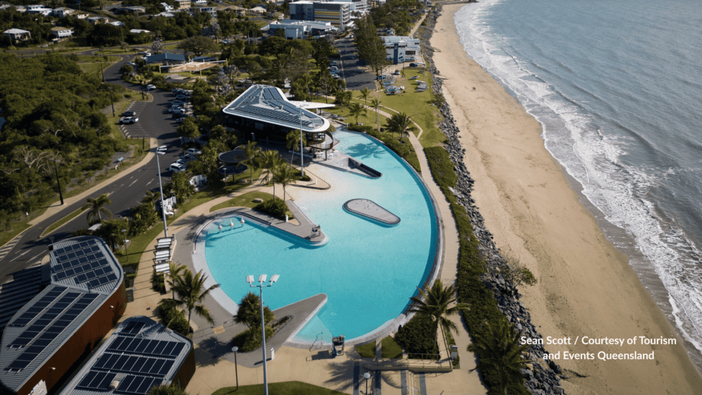 Aerial view of Yeppoon Lagoon Queensland beside the beach and rock wall