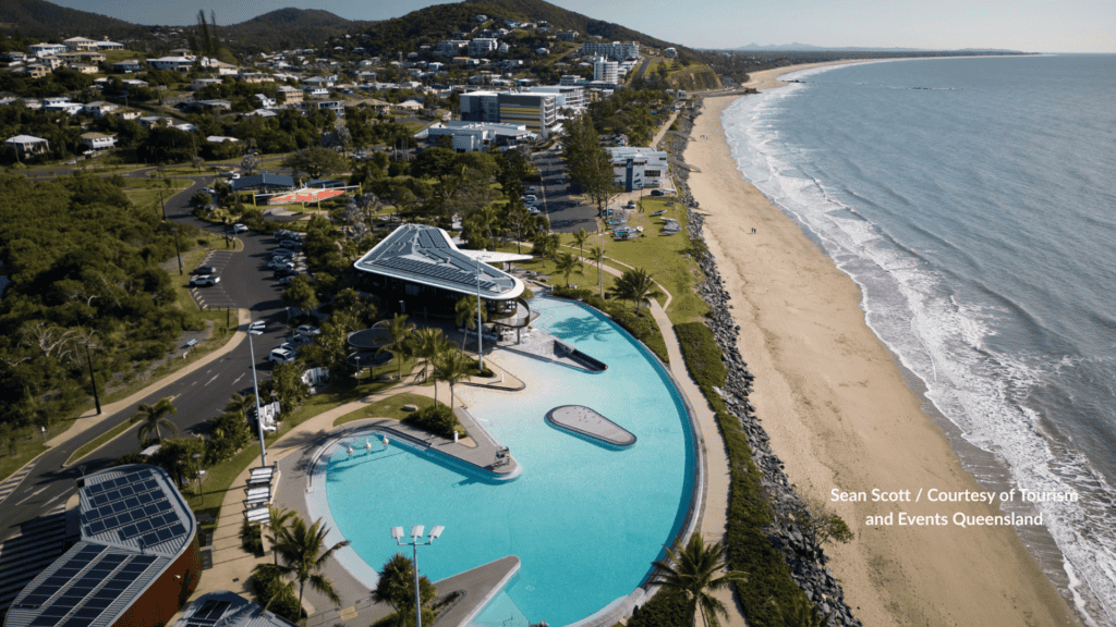 Aerial view of Yeppoon Lagoon Queensland beside the beach and rock wall